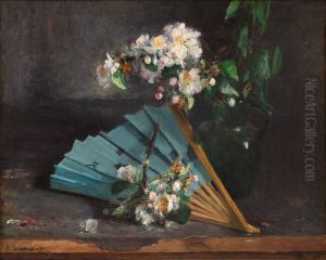 Bla vifte ved en gron kande med blomstrende aeblegren by Bertha Wegmann
