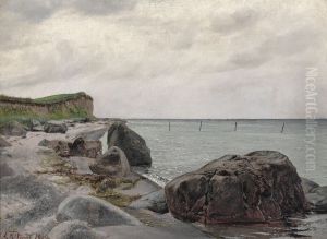 Strandparti ved Eno med store sten i forgrunden. I baggrunden vandet. Lys himmel med lette skyer.