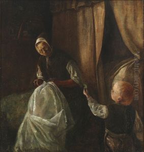 A boy showing a green pea to his grandmother by Laurits Andersen Ring