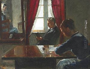 Interior med laesende herre samt skrivende dame. by Laurits Andersen Ring