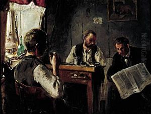 Interior from a shoemaker's home. A man is reading the paperSocialdemokratenfor two others.