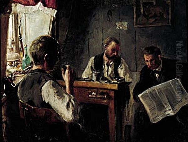 Interior fra et skomagervaerksted. En Mand, siddende en face tilhojre, laeser "Socialdemokraten" for to andre, der sidde i Skjorteaermer ved et Bord. - view 1