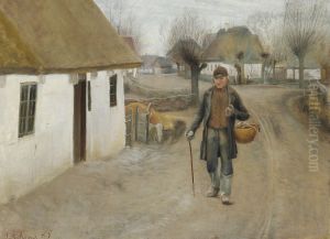 Road through a village with a man walking Road through a village with a man walking