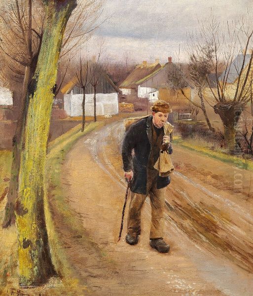 The road through the village of Ring. Grey autumn day. A man is carrying a sack. - view 1
