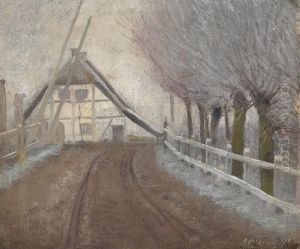 Jernbaneoverkorslen ved L. A. Rings barndomshjem i Ring. Rimtage by Laurits Andersen Ring