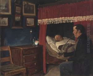 "Hvordan gaar det, gamle. Til h. i en Stue sidder en Mand med Pibe i Munden ved en Alkoveseng med rodt Forhaeng. I Sengen ligger en syg Mand" by Laurits Andersen Ring