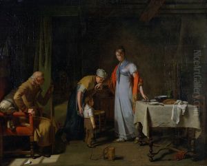 Jeune femme portant secours a une famille malheureuse by Martin Drolling