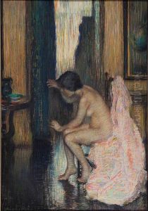 Seated nude combing her hair