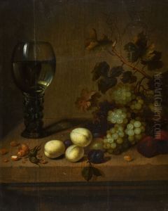STILL LIFE WITH GRAPES, PLUMS, ACORNS AND A GLASS ROEMER ON A LEDGE