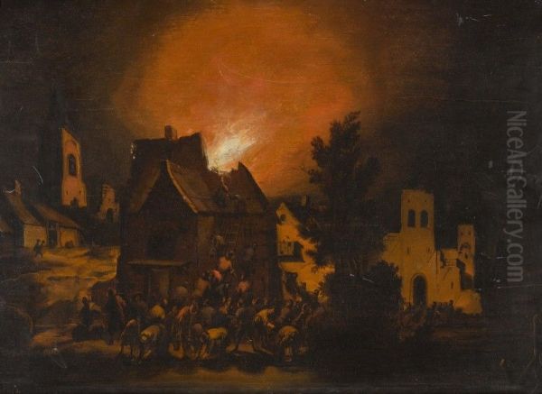 A VILLAGE ON FIRE AT NIGHT - view 1