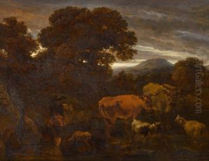 WOODED LANDSCAPE WITH A SHEPHERD AND HIS CATTLE FORDING A STREAM by Nicolaes Pieterszoon Berchem
