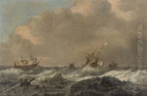 A NAVAL BATTLE BETWEEN ENGLISH AND DUTCH SHIPS IN A ROUGH SEA by Willem van Diest