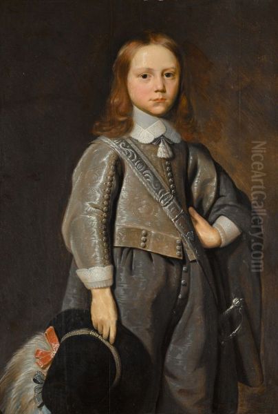 PORTRAIT OF A BOY, THREE-QUARTER-LENGTH, WEARING A GREY EMBROIDERED SUIT AND HOLDING A FEATHERED HAT - view 1