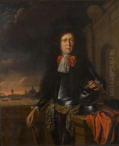 PORTRAIT OF JOAN VAN BROECKHUIZEN (1649-1707), THREE-QUARTER-LENGTH, HIS HAND RESTING ON A HELMET, A VIEW OF THE PORT OF UTRECHT, FROM THE INTERSECTION OF THE AMSTEL AND THE SINGELGRACHT, BEYOND