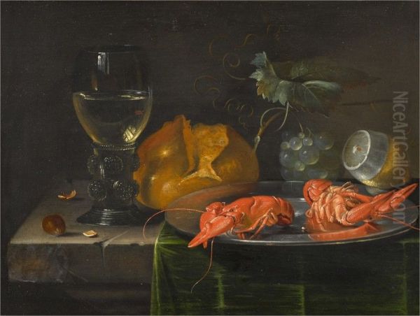 STILL LIFE WITH A ROEMER, A PLATE, TWO LOBSTERS AND FRUIT ON A COVERED TABLE - view 1