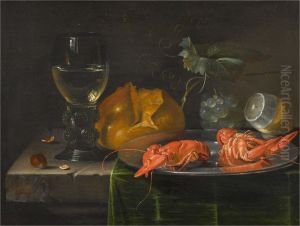 STILL LIFE WITH A ROEMER, A PLATE, TWO LOBSTERS AND FRUIT ON A COVERED TABLE by Jacob Marrel
