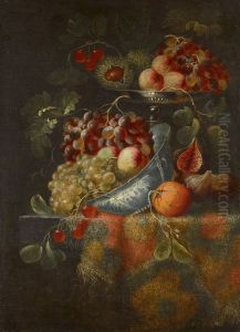 STILL LIFE WITH FRUIT ON A TAZZA AND A PORCELAIN BOWL, ALL ON A CARPET-COVERED TABLE by Pierre Nicolas Huilliot
