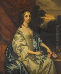 PORTRAIT OF CATHERINE OF BRAGANZA (1638-1705), THREE-QUARTER-LENGTH, SEATED IN A LANDSCAPE, A CROWN AND A POSY OF ROSES BESIDE HER