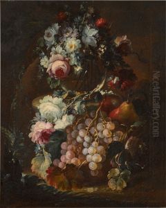 STILL LIFE OF FLOWERS IN A GLASS VASE, WITH GRAPES AND PEARS