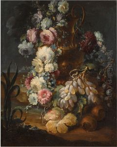 STILL LIFE OF FLOWERS IN A SCULPTED VASE WITH GRAPES AND OTHER FRUIT