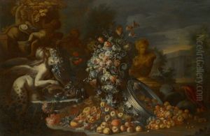 STILL LIFE OF FLOWERS IN A VASE, WITH FRUITS SPILLING FROM AN UPTURNED SILVER BOWL, STATUES AND A PARROT IN AN ITALIANATE LANDSCAPE by Gaetano Cusati
