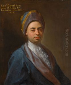 PORTRAIT OF CAPTAIN DANIEL PAIN OF WELFORD, NORTHAMPTONSHIRE, HALF-LENGTH, WEARING A BLUE COAT AND BLUE, MAUVE AND GOLD CAP