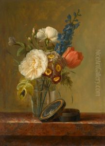 STILL LIFE OF A ROSE, A TULIP, AND OTHER FLOWERS, WITH A PAINTED BOX, ALL ON A MARBLE LEDGE