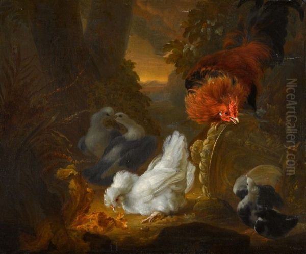 A HEN, COCKEREL AND PIGEONS IN A WOODED LANDSCAPE - view 1