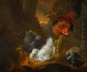 A HEN, COCKEREL AND PIGEONS IN A WOODED LANDSCAPE