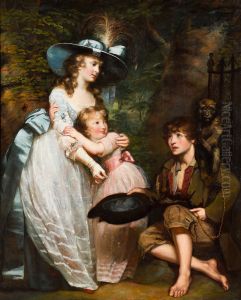 A YOUNG WOMAN AND GIRL OFFERING CHARITY TO A KNEELING BEGGAR BOY WITH A MONKEY ON HIS SHOULDER by James Northcote