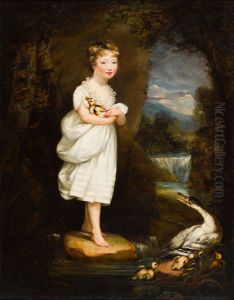 PORTRAIT OF CHARLOTTE LEYCESTER, FULL-LENGTH, WEARING A WHITE DRESS AND HOLDING A DUCKLING by James Northcote