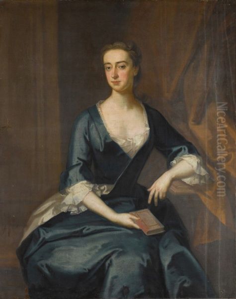 PORTRAIT OF MISS JONES HOLDING A BOOK, THREE-QUARTER-LENGTH, IN A BLUE DRESS - view 1