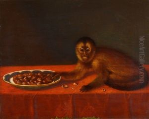 INTERIOR WITH A MONKEY ON A TABLE WITH A PLATE OF HAZELNUTS by James Miller