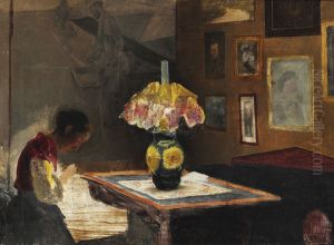 The artist's wife Sigrid sewing in the lamplight. Karrebaeksminde The artist's wife Sigrid sewing in the lamplight. Karrebaeksminde