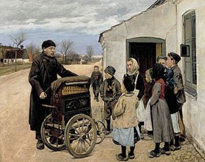 An organ grinder playing for the children of a village. by Laurits Andersen Ring