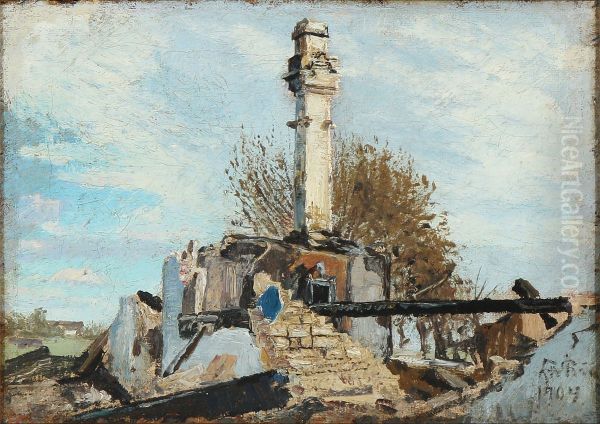 A burnt down farmhouse, only the chimney is still standing - view 1