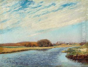 The Susaa river at Naestved, Denmark. To the left some bushes, further back a house and some willow trees.