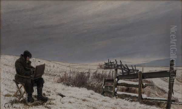 Snow landscape with the painter Aage Bertelsen at his work - view 1