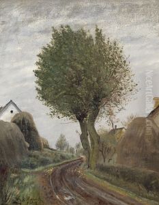 En vej mellem to garde i Vadsby. Halmstakke udenfor gardene. Taget efterarsdag