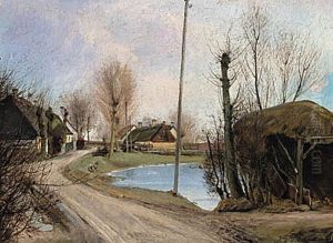 A village street. Front right a shed covered by straw.