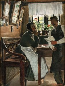 A son reading a letter to his mother.