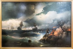 Peter I at Krasnaya Gorka Lighting a Fire on the Shore to Signal to his Sinking Ships by Ivan Aivazovsky