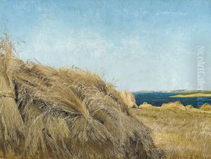 Harvest landscape in sunshine. To the left; rye in stook on the field. To the right, the dark-blue water of Roskilde fiord. by Laurits Andersen Ring