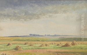 Landscape with harvest scene. Landscape with harvest scene.