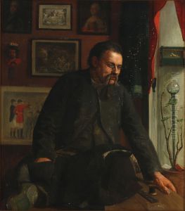 Interior with a tailor smoking a pipe sitting on a table