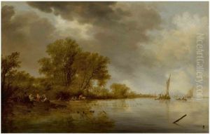 River landscape with fishermen tending their nets along a bank