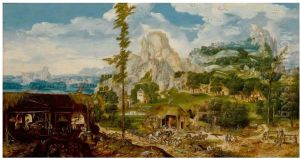 An extensive mountainous landscape with a metal foundry, showing various stages of the production of iron and steel