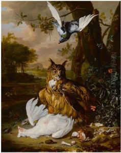 A Eurasian eagle-owl with with other birds in a landscape A Eurasian eagle-owl with with other birds in a landscape