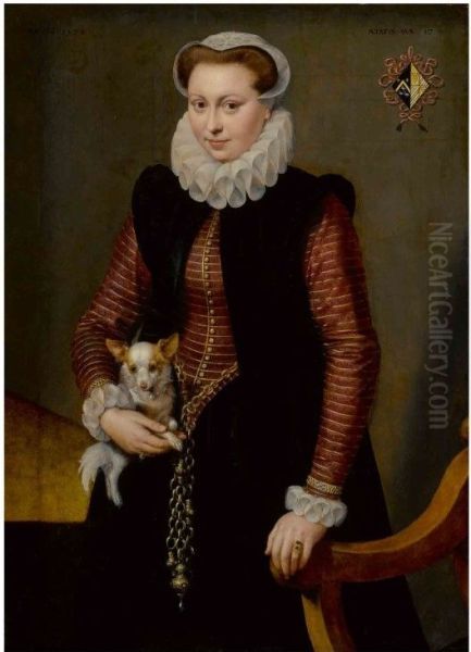 Portrait of a young woman, aged 17, holding a small spaniel wearing a collar of bells - view 1