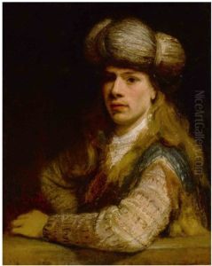 Portrait of a young man behind a balustrade, possibly a self-portrait of the artist by Arent de Gelder